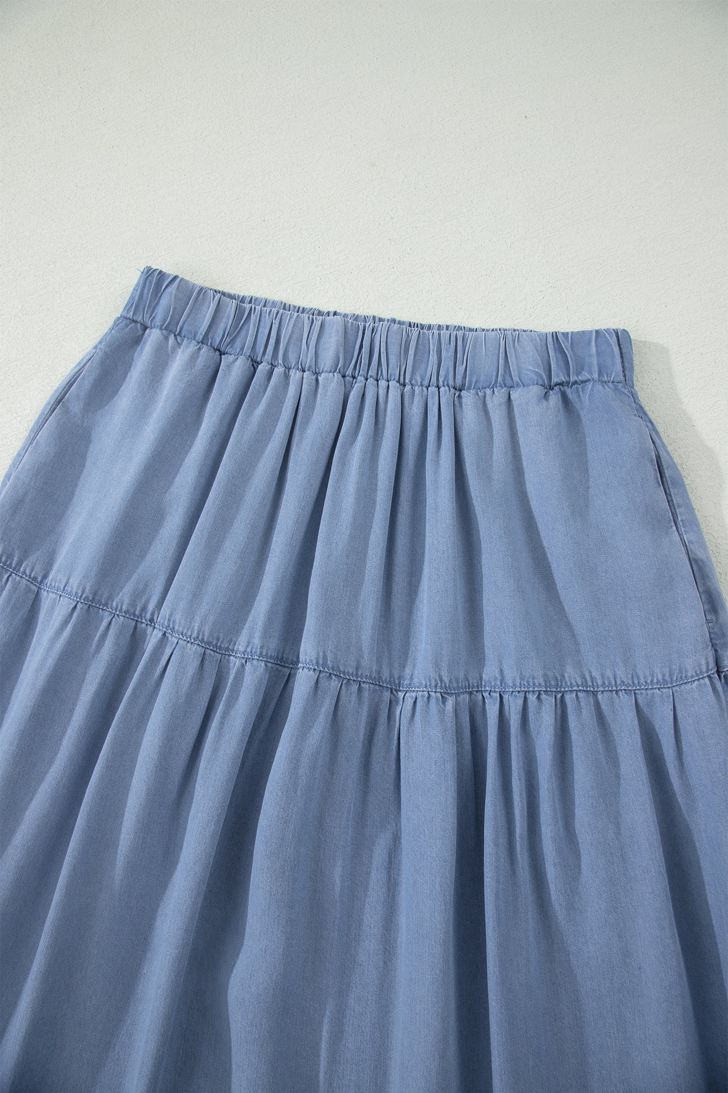 Blue Tiered Denim Maxi Skirt Elastic Waist Casual Summer