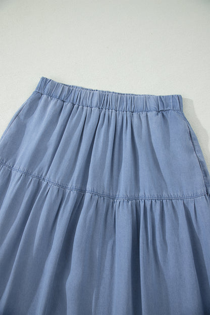 Blue Tiered Denim Maxi Skirt Elastic Waist Casual Summer