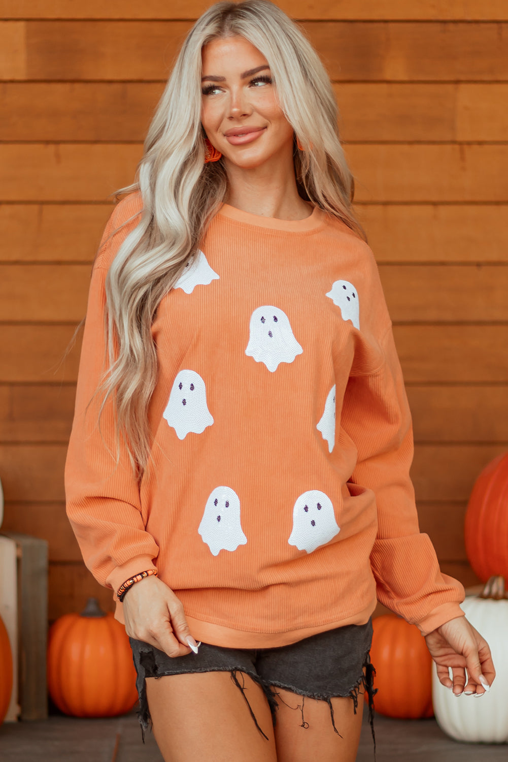 Women's Halloween Ghost Patch Ribbed Knit Sweatshirt