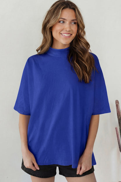 Dark Blue Oversized Mock Neck Tee Casual Relaxed Top
