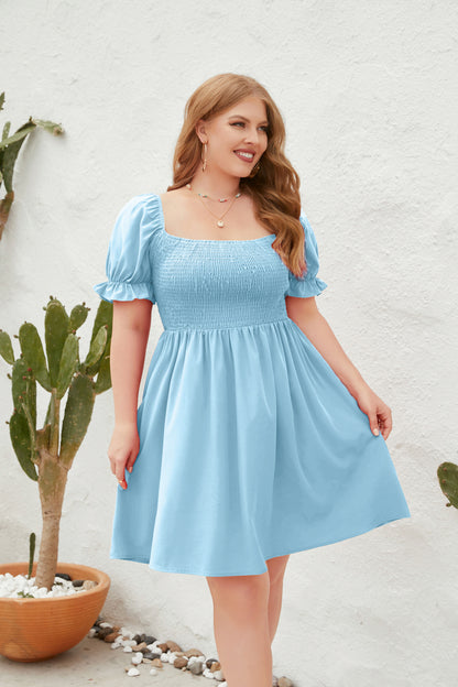 Women's Square Neck Flounce Short Sleeve Shirred Ruffle Hem Dress
