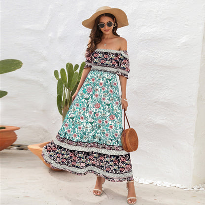 Women's Off Shoulder Midi Dress Floral Short Sleeve A Line Casual Beach Vacation Dresses