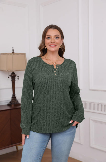 Ribbed V-Neck Button Knit Long Sleeve Pullover