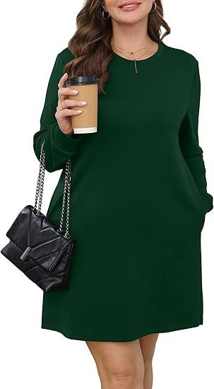 Cozy Long Sleeve Crewneck Sweatshirt Dress with Pockets