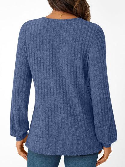 Textured Rib Knit V-Neck Pullover Long Sleeve Top