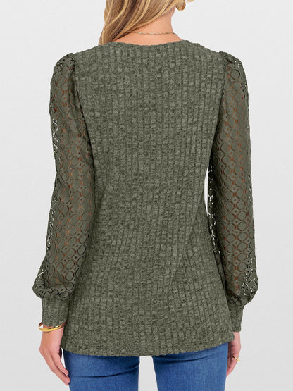 V-Neck Knit Top with Lace Puff Long Sleeves