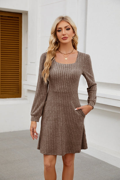 Square Neck Ribbed Knit Dress with Pockets