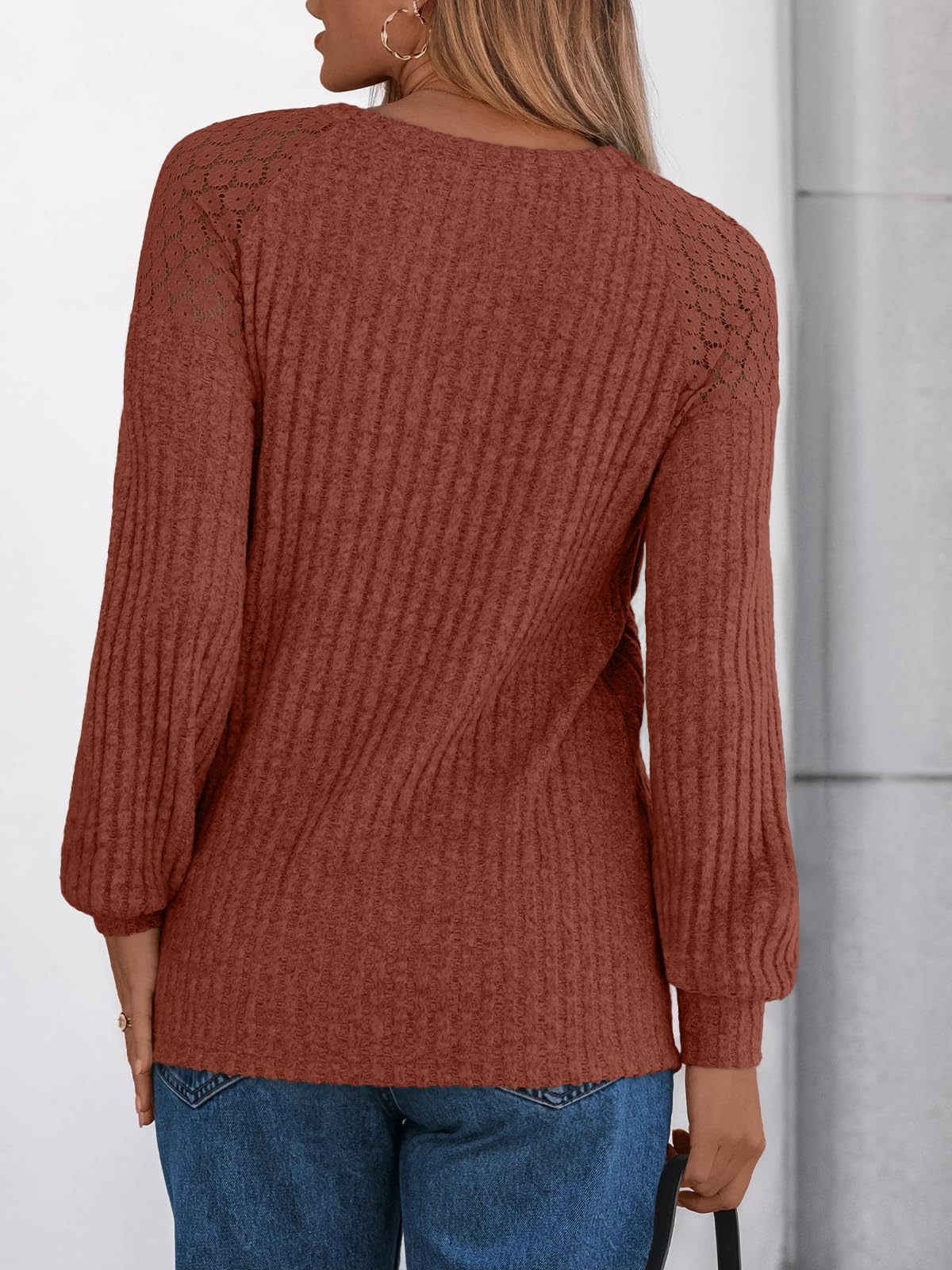 Solid Ribbed Knit Button Pullover with Lace & Buttons