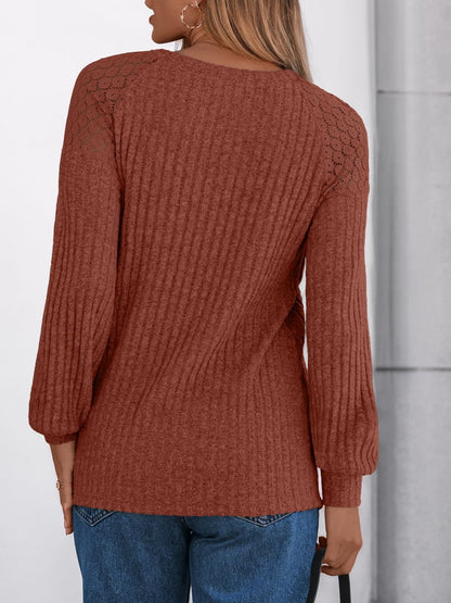 Solid Ribbed Knit Button Pullover with Lace & Buttons