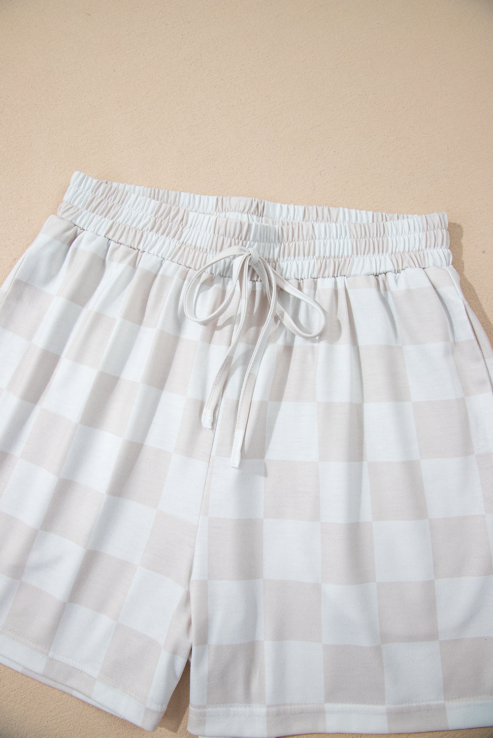 Beige Checkered Lounge Set V Neck Tee Shorts