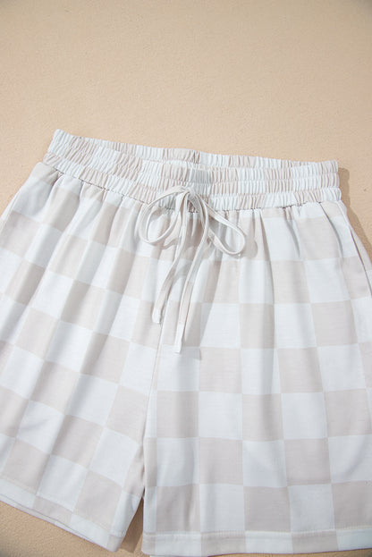Beige Checkered Lounge Set V Neck Tee Shorts