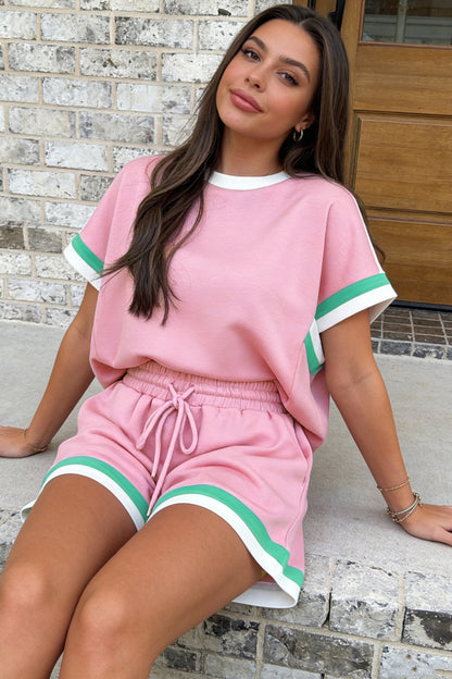 Mist Blue Contrast Trim Lounge Set Tee and Shorts