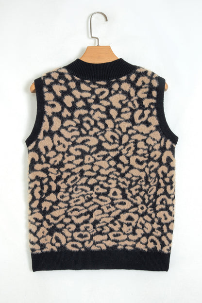 Western Leopard Print Knit Sweater Vest Button Cardigan