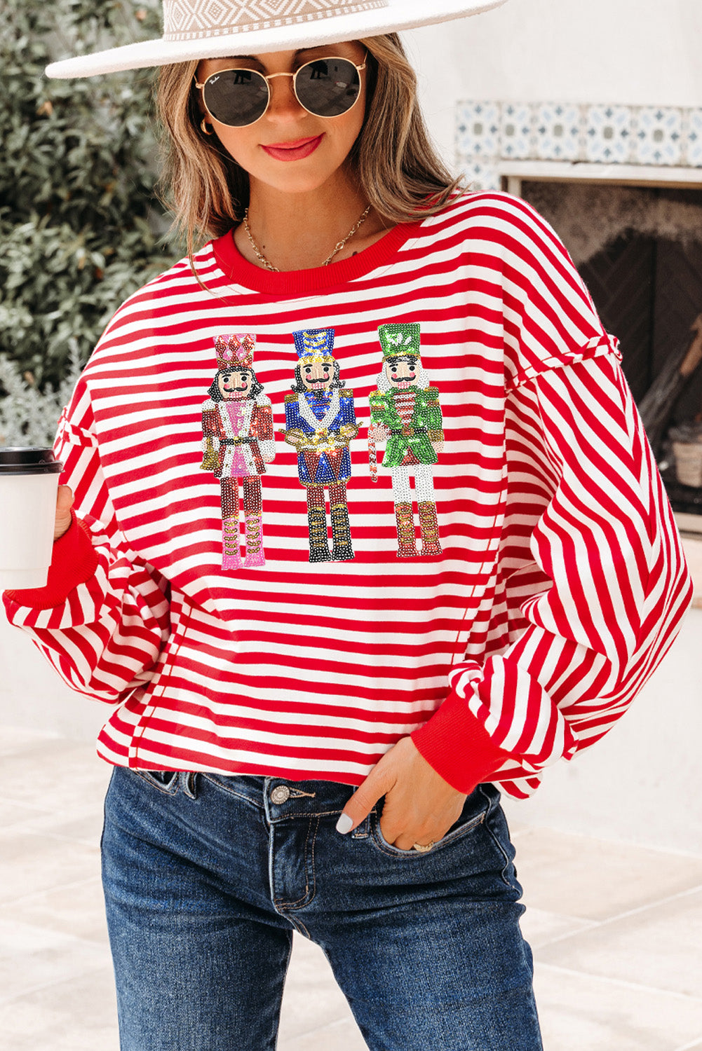 Red Stripe Christmas Sequin Patched Drop Shoulder Top