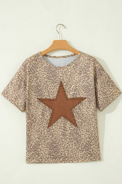 Leopard Star Patch Studded Oversized Western Graphic Tee
