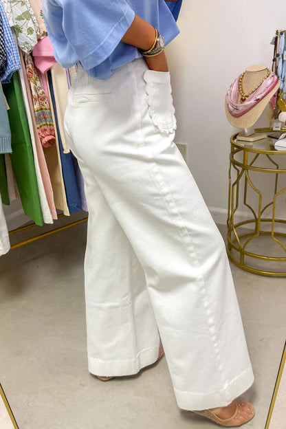 Scalloped Patch Pocket High Rise Wide Leg Jeans
