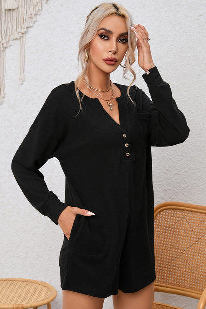 Dark Green Brushed Ribbed Button Split V Neck Long Sleeve Romper