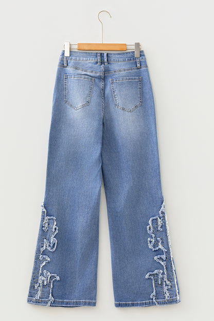 Western Embroidered Flare Jeans Frayed Hem Bootcut Denim