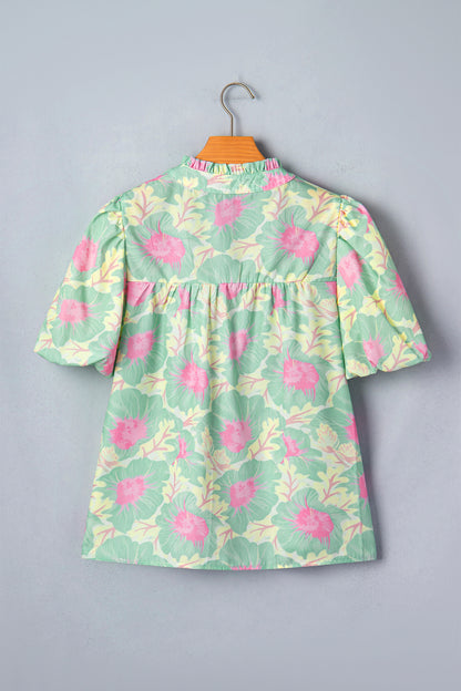 Floral Print Bubble Sleeve Loose Fit Summer Blouse