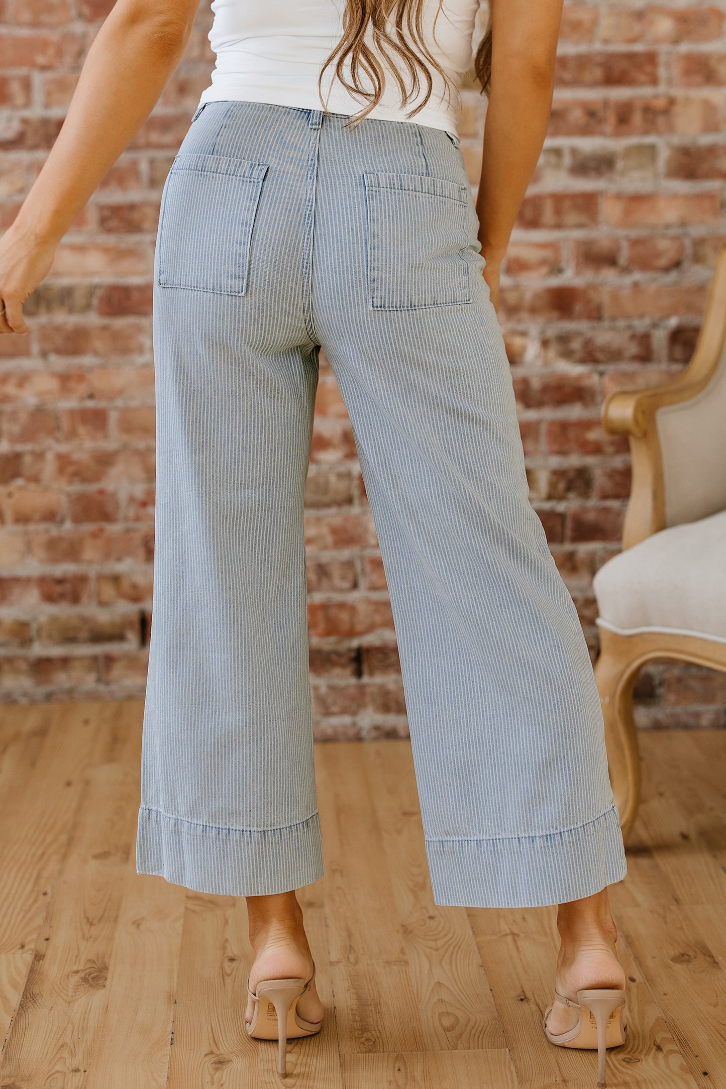 Sky Blue Pinstripe Wide Leg Jeans with Button Flap Pockets