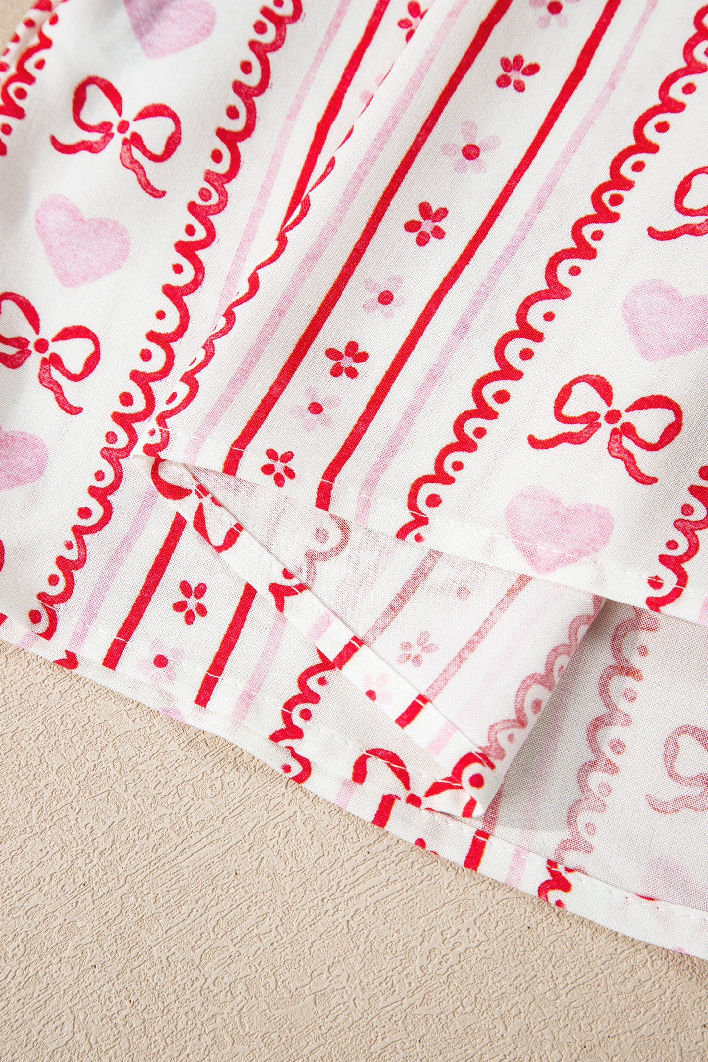 Valentines Heart Bow Print Ribbon Trim 2 Piece Pajama Set