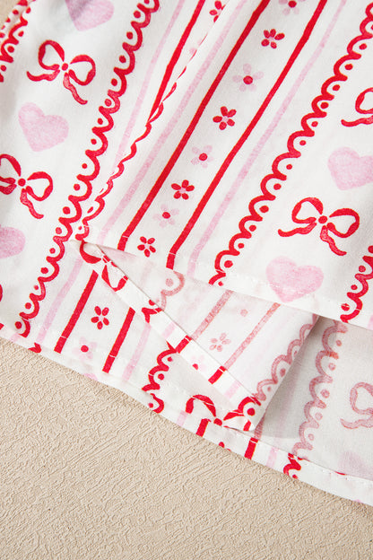 Valentines Heart Bow Print Ribbon Trim 2 Piece Pajama Set