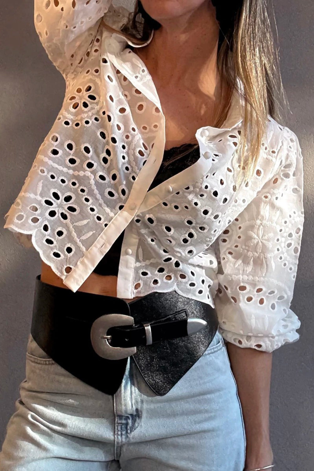 White Eyelet Embroidered Puff Sleeve Button Crop Shirt
