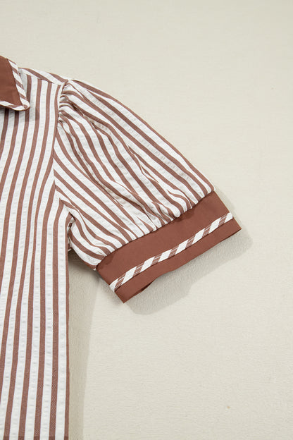 Khaki Striped Split Neck Puff Sleeve Blouse Top