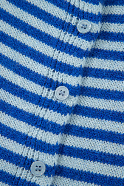 Blue Stripe Knit Cardigan Half Sleeve Button Front Sweater
