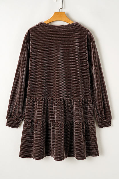 Dark Brown Textured Velvet V Neck Shift Dress