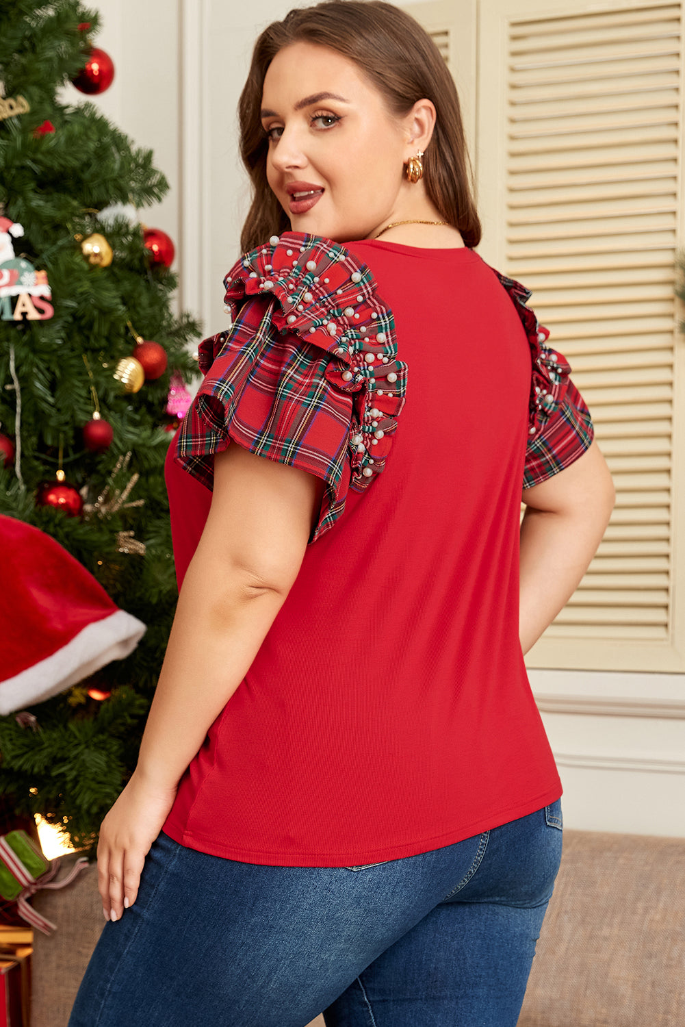 Plus Size Red Plaid Ruffle Sleeve Christmas Holiday Top