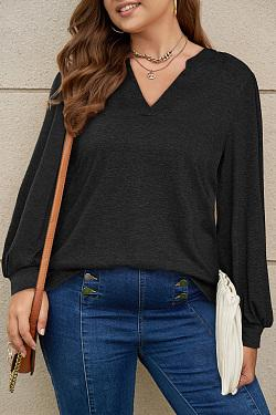 Solid Colour V-Neck Loose Bubble Long Sleeve T-Shirt Top