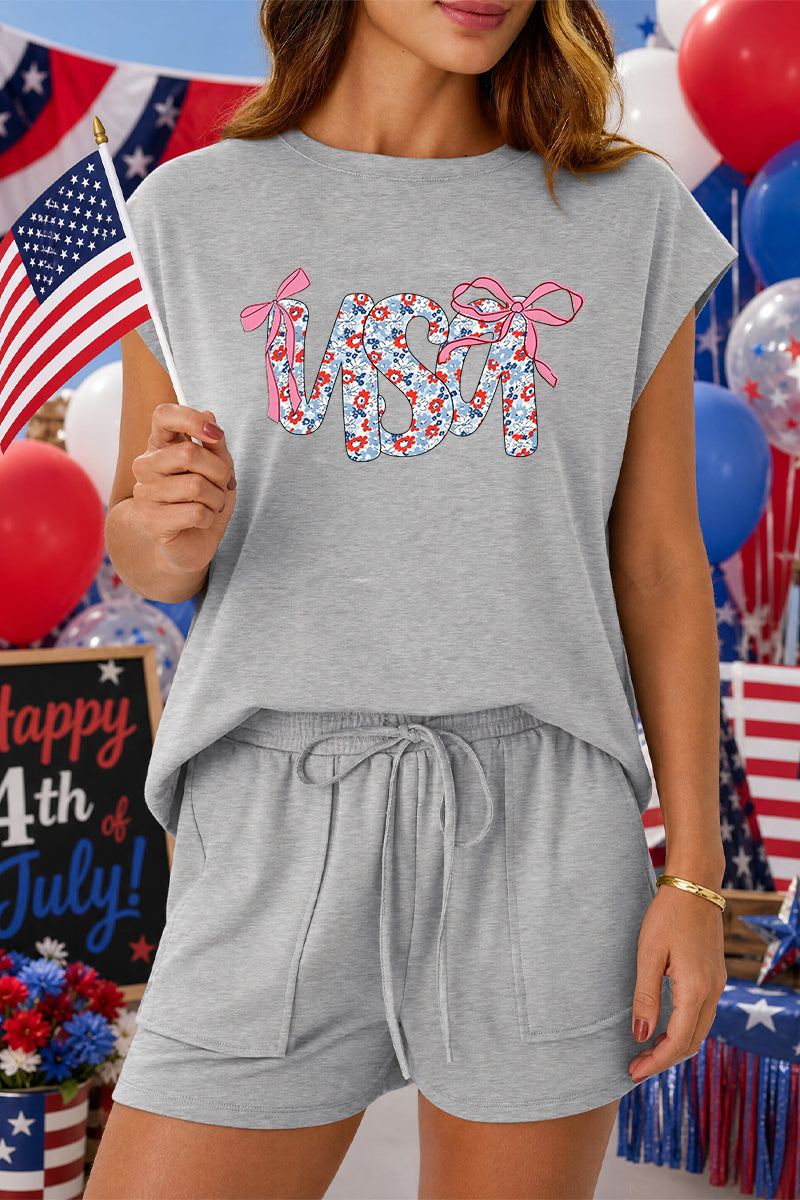4th of July USA Graphic Lounge Set Cap Sleeve Shorts