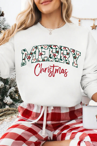 White Merry Christmas Cotton Blend Custom Graphic Sweatshirt