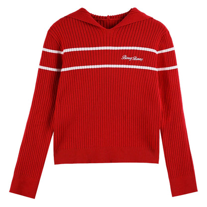 Girls' Striped Knit Hoodie Sweater with Long Sleeves