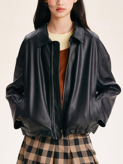Girls' Black Faux Leather Zip-Up Bomber Jacket