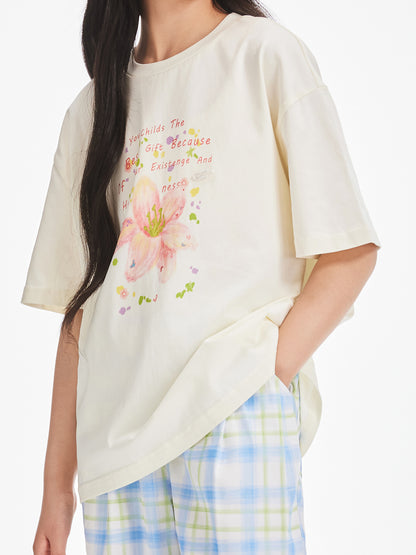 Girls Ivory Cotton Floral Graphic Short Sleeve T-Shirt