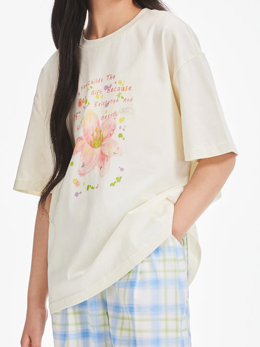Girls Ivory Cotton Floral Graphic Short Sleeve T-Shirt