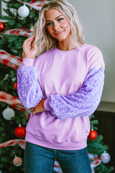 Pink Sequin Patchwork Long Sleeve Pullover Top