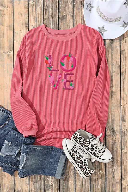 LOVE Heart Print Ribbed Corduroy Oversized Sweatshirt