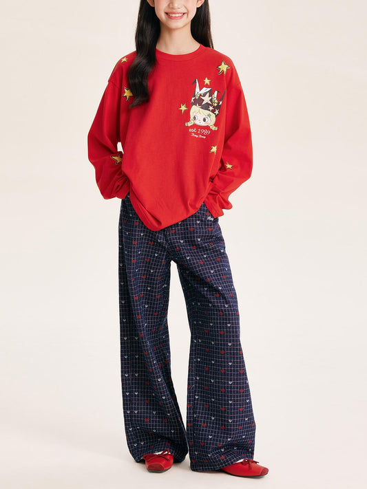 Girls' Trendy High-Waisted Wide-Leg Pants with Star Print