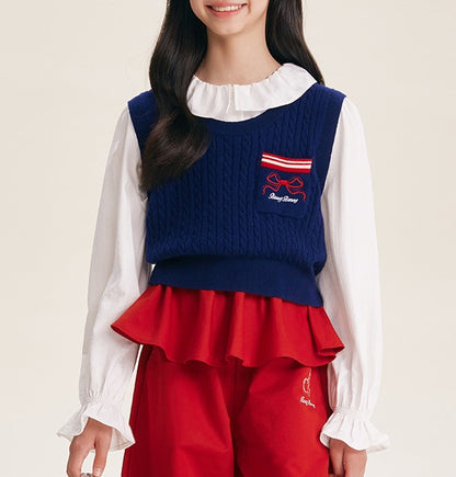Cute Navy Knitted Vest with Red Bow Detail for Girls