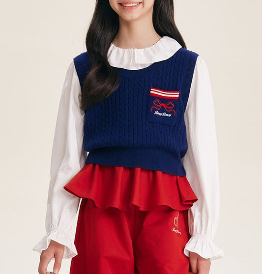 Cute Navy Knitted Vest with Red Bow Detail for Girls