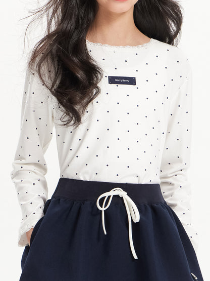 Girls Polka Dot Lace Trim Long Sleeve Tee with Logo