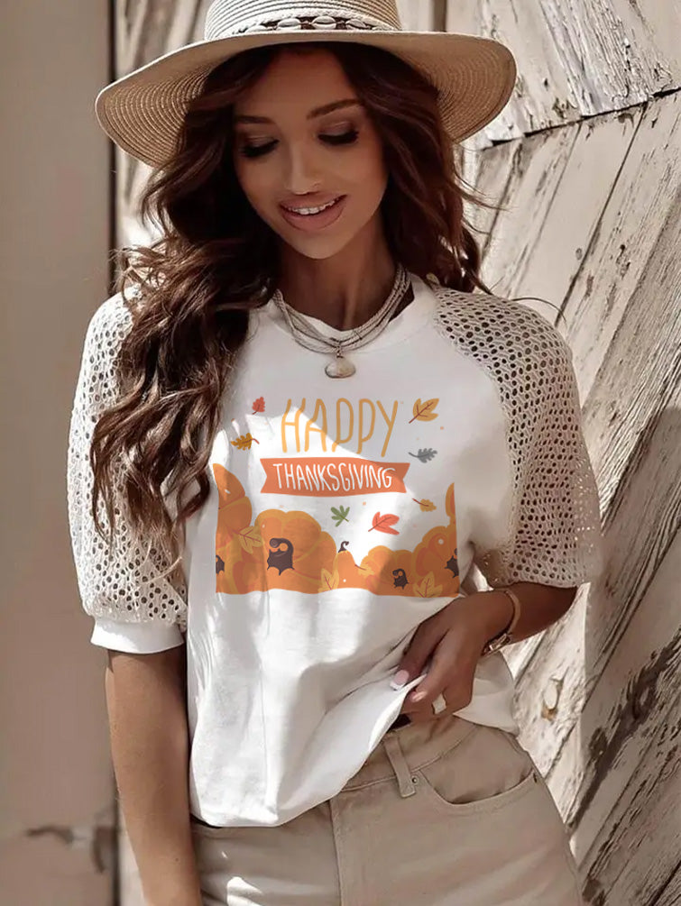 Thanksgiving Pumpkin Fall Leaves Lace Sleeve Tee