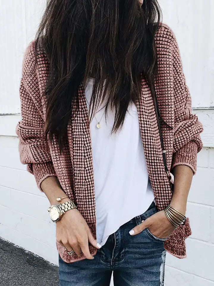 Contrast Trim Plaid Open-Front Knit Cardigan