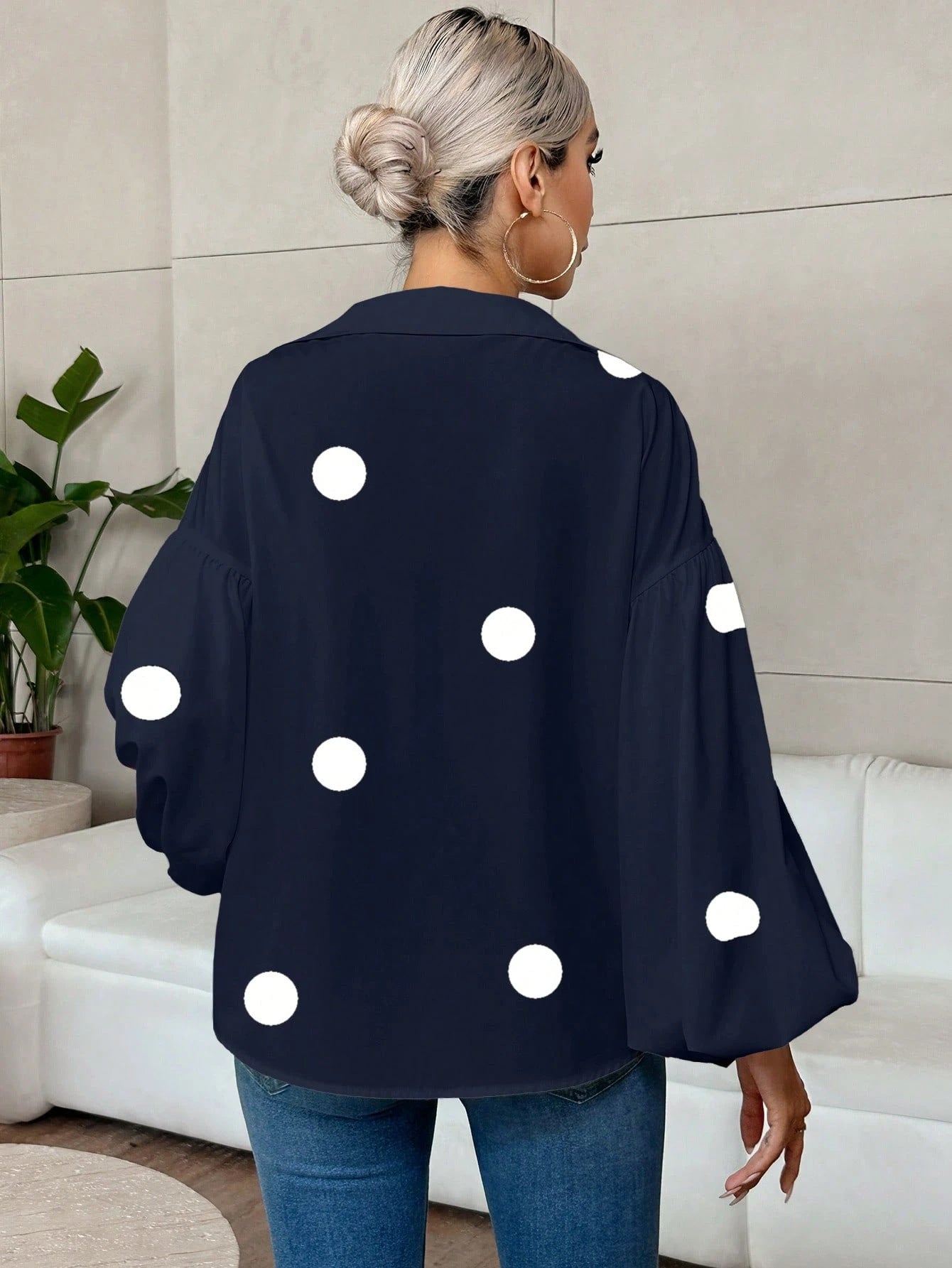 Black V Neck Lantern Sleeve Blouse Loose Fit Top