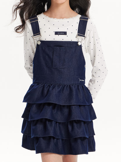Girls Denim Layered Ruffle Overall Dress Adjustable