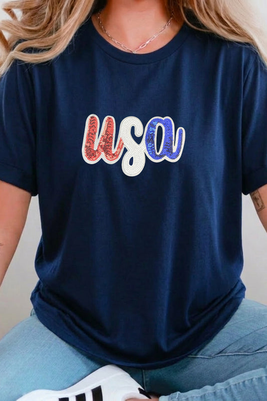 USA Sequin Graphic July 4th Patriotic Tee Shirt