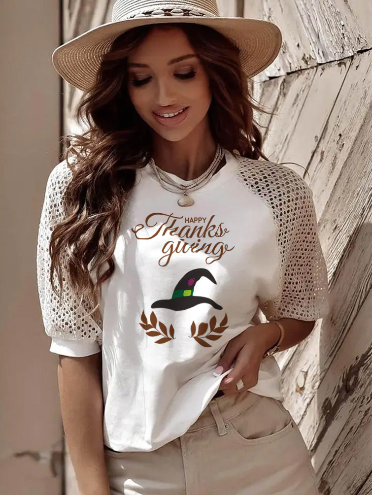 Thanksgiving Witch Hat Graphic Lace Sleeve Tee